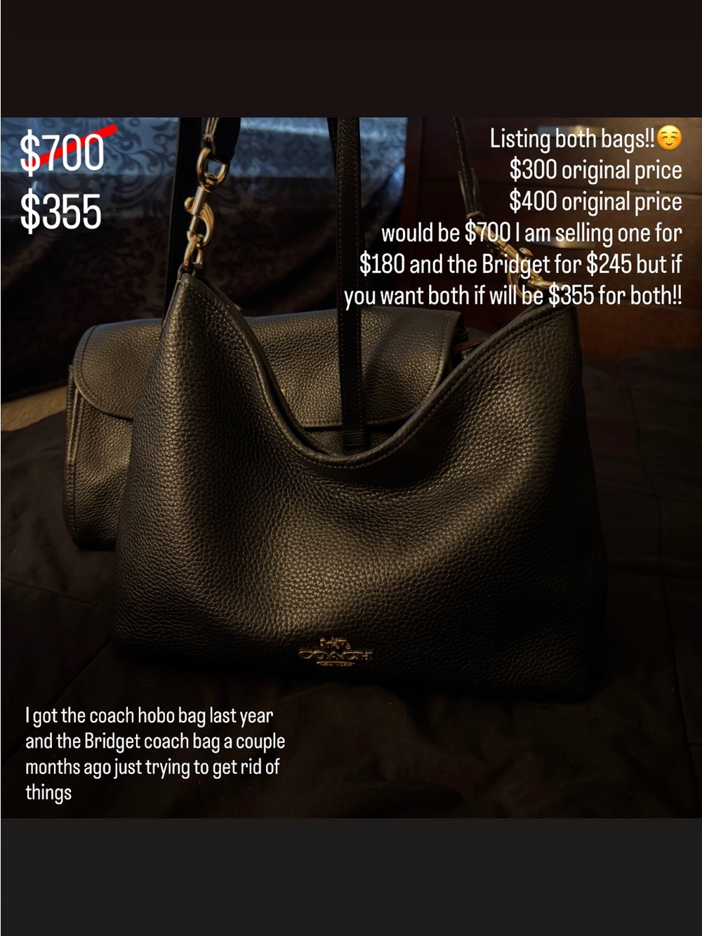 Coach Black Pebbled Leather Hobo Bag + Bridget coach DEAL!! GET BOTH FOR $355